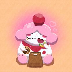  bag blush closed_eyes closed_mouth commentary_request doughnut eating food highres holding holding_food no_humans pokemon pokemon_(creature) red_nose ruru_hlkun simple_background sitting slurpuff solo tongue tongue_out 