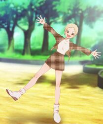  1girl :d blonde_hair blurry blurry_background boots brown_eyes brown_jacket brown_skirt commentary_request earrings eyelashes fingernails highres idolmaster idolmaster_cinderella_girls jacket jewelry open_clothes open_jacket open_mouth outdoors outstretched_arms pixie_cut plaid_clothes plaid_jacket plaid_skirt senzaki_ema shadow shirt short_hair skirt smile solo spread_arms standing standing_on_one_leg taidanotori teeth tree unmoving_pattern upper_teeth_only very_short_hair white_boots white_shirt 