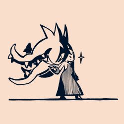 1girl arm_at_side big_hair closed_eyes closed_mouth commentary dated_commentary extra_mouth flat_chest from_side full_body glint hair_flip hand_up happy highres light_smile long_hair mawile mega_mawile mega_pokemon monochrome nanami_marron pokemon pokemon_(creature) profile sharp_teeth sidelocks sideways_mouth simple_background solo standing teeth u_u very_long_hair walking yellow_background 