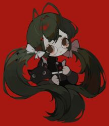  1girl aegyo_sal antenna_hair bandage_on_face bandages black_jacket blush bow brown_eyes bug clenched_hands floating_hair frilled_jacket frills glasses green_hair hair_bow high_collar highres holding holding_stuffed_toy jacket littlebluemuffin long_hair long_sleeves mole mole_under_mouth multiple_hair_bows no_pupils original parted_lips red_background round_eyewear short_eyebrows spider stuffed_animal stuffed_cat stuffed_toy thick_eyebrows twintails upper_body very_long_hair wavy_hair white_bow 