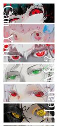  6+girls android black_hair black_sclera blue_flower close-up colored_eyelashes colored_sclera column_lineup commentary cracked_skin cytus cytus_ii damaged dark_persona dual_persona english_text eye_focus flower green_eyes hair_flower hair_ornament highres ilka_(cytus) ivy_(cytus) jill_(cytus) mismatched_pupils mismatched_sclera multiple_girls pink_eyes pink_hair red_eyes second-party_source untranslatable_commentary vanessa_(cytus_ii) violette_(cytus) white_hair yaoyaojugaogao yellow_eyes 