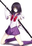  1girl bishoujo_senshi_sailor_moon black_hair boots choker gloves kauto knee_boots kneeling looking_at_viewer magical_girl pleated_skirt sailor_saturn short_hair silence_glaive skirt solo staff tiara tomoe_hotaru violet_eyes white_background 