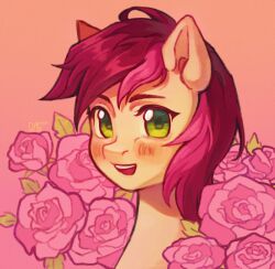  :d aegyo_sal animal animal_focus animification blush commentary dafterdayart flower gradient_background green_eyes highres looking_at_viewer medium_hair my_little_pony my_little_pony:_friendship_is_magic no_humans pink_flower pink_rose pony_(animal) portrait red_hair rose roseluck smile solo 