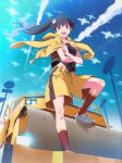  1girl ahoge araragi_karen bakemonogatari bee black_hair brown_eyes condensation_trail highres hooded_track_jacket long_hair monogatari_(series) nisemonogatari open_mouth ponytail shorts sky socks solo steamroller watanabe_akio 