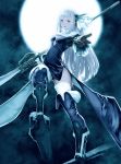  1girl bangs black_gloves black_legwear blunt_bangs boots bravely_second cleavage_cutout dress flower full_moon gloves hair_flower hair_ornament high_heel_boots highres leg_up lips long_hair magnolia_arch moon naginata night outstretched_hand polearm side_slit smile solo thigh-highs thigh_boots weapon white_hair yellow_eyes yoshida_akihiko 
