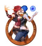  ass belt blue_hair breasts cleavage energy fire highres ikeda_masateru jeans lilith_(borderlands) maya_(borderlands) red_eyes short_hair simple_background tattoo white_background 