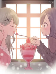  2girls artist_name bang_dream! bang_dream!_yumemita bloom blurry blush bokeh closed_eyes commentary_request depth_of_field feeding food fuji_miyako fuji_miyako_(artist) green_hair hair_ornament hairclip highres holding holding_spoon long_hair looking_at_another multiple_girls open_mouth parfait profile purple_hair spoon strawberry_parfait viola_(bang_dream!) violet_eyes window yuri 