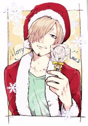  1boy clip_studio_paint_(medium) commentary_request cup curry_gohan facial_hair goatee hair_over_one_eye hat highres holding holding_cup male_focus merry_christmas one_piece sanji_(one_piece) santa_costume santa_hat short_hair smile snowflakes solo upper_body 
