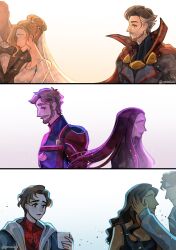  absurdres beard bodysuit brown_hair candel645 character_request cup doctor_strange facial_hair guardians_of_the_galaxy hair_bun highres holding holding_cup long_hair marvel peter_parker smile spider-man spider-man:_brand_new_day spider-man_(original_suit) spider-man_(series) superhero_costume tuxedo twitter_username veil 
