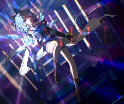  1girl alternate_costume attacking_viewer bag belt black_gloves blue_eyes blue_hair blue_shirt blue_shorts brown_bag chinese_commentary cirno commentary_request detached_wings fingerless_gloves gloves highres ice ice_wings looking_at_viewer mini-hakkero sample_watermark scarf shirt short_hair shorts shoulder_bag skindentation solo takki_(takkiko) thigh_belt thigh_strap thighs touhou touhou_hero_of_ice_fairy watermark white_scarf wings 