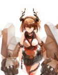  1girl bare_shoulders belt brown_hair cannon chain cus-tom gloves headgear kantai_collection midriff mutsu_(kantai_collection) red_legwear short_hair skirt solo thigh-highs white_gloves yellow_eyes 