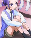  1girl davi_(dokidoki!_precure) dokidoki!_precure haruyama_kazunori kenzaki_makoto necktie precure purple_hair short_hair shorts sitting smile socks solo violet_eyes 