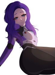  1girl blue_eyes bodysuit commentary d.mon_(overwatch) english_commentary eyes_visible_through_hair half-closed_eyes highres long_hair mecha_pilot_suit on_floor overwatch purple_hair sitting skin_tight tight_clothes wavy_hair 