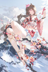  1girl absurdres bare_legs bare_shoulders barefoot bead_bracelet beads bodhi_wushushenghua bracelet branch brown_hair commentary_request earrings falling_petals flower grey_sky hair_flower hair_ornament highres jewelry long_hair mountain nail_polish navel original petals pink_flower pink_nails pink_petals red_eyes sitting_on_branch sky snow solo toenail_polish toenails tree 