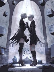  1boy 1girl 2b_(nier:automata) 9s_(nier:automata) bandaged_leg bandages black_dress black_gloves black_hairband boots closed_eyes commentary_request dress full_body gloves hairband high_heels highres holding_hands jacket long_sleeves nier:automata nier_(series) nitrocharge25 pov pov_hands short_hair shorts torn_clothes white_hair 