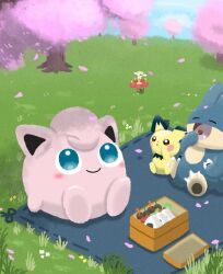  blue_eyes claws closed_mouth eating fangs flabebe flabebe_(red_flower) flower grass highres jigglypuff looking_up munchlax no_humans open_mouth petals pichu picnic pink_petals pokemon pokemon_(creature) pokemon_focus red_flower ruru_hlkun smile tree 