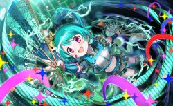 1girl abstract_background aqua_background aqua_hair aqua_shirt aqua_skirt argyle_clothes argyle_shirt argyle_skirt artist_request bow bracer cropped_shirt cuisses dangle_earrings dot_nose electricity electrokinesis empty_eyes floating_hair folding_fan full_body game_asset green_bow hair_ornament hand_fan happy highres holding holding_fan knee_pads light_blush light_particles long_hair magia_record:_mahou_shoujo_madoka_magica_gaiden magical_girl mahou_shoujo_madoka_magica mahou_shoujo_madoka_magica_magia_exedra midriff miniskirt official_art open_mouth outstretched_arms pendant_earrings pink_eyes pleated_skirt pleated_sleeves shirt short_sleeves side_ponytail skirt smile solo soul_gem_(madoka_magica) sparkle third-party_source tornado uwasa_no_tsuruno vest waist_bow white_vest yui_tsuruno