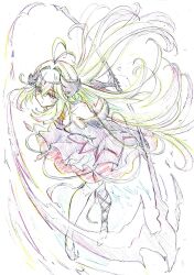  absurdres antenna_hair asymmetrical_legwear bare_shoulders black_dress commentary_request dress eclipse_shadow full_body gradient_hair graphite_(medium) highres holding holding_scythe kitazinger long_hair magical_girl meitantei_precure! moria_luluka multicolored_hair precure red_eyes ribbon scythe sketch traditional_media very_long_hair 
