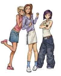  3girls 6teen animification artist_name baggy_pants black_pants blue_eyes blue_skirt blue_socks brown_hair caitlin_marie_cooke crossed_arms drawstring ear_piercing eyebrow_piercing face_piercing flower footwear_flower frune_ei01 full_body hands_on_another's_shoulders highres hood hood_down hoodie jennifer_ann_masterson jewelry long_hair long_sleeves looking_at_viewer multiple_girls necklace nicole_wong nose_piercing pants parted_lips piercing pink_sandals pink_shirt purple_hair purple_hoodie purple_shoes sandals shirt shoes short_hair signature simple_background skirt sleeveless sleeveless_shirt smile socks standing standing_on_one_leg tank_top white_background white_mouth white_shoes white_skirt white_tank_top 
