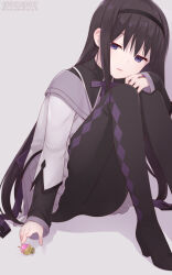 1girl akemi_homura akemi_homura_(magical_girl) argyle_clothes argyle_pantyhose black_hair commentary_request hairband haruneharu highres long_hair magical_girl mahou_shoujo_madoka_magica mahou_shoujo_madoka_magica_(anime) mitakihara_school_uniform on_ground open_mouth purple_eyes school_uniform sitting skirt solo soul_gem_(madoka_magica) white_background