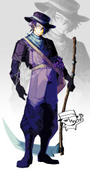  1girl absurdres alternate_costume androgynous bag black_gloves black_hat blue_eyes blue_hair commentary earrings english_commentary expressionless final_fantasy final_fantasy_xiv flower full_body gloves hair_over_one_eye hat highres holding holding_scythe huasira jewelry neckerchief one_eye_covered pants purple_flower purple_pants scythe short_hair signature solo standing white_background white_neckerchief zero_(ff14) zoom_layer 