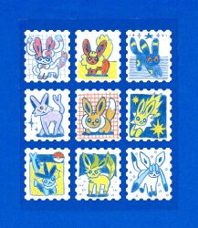  :3 animal_focus bow bowtie closed_eyes commentary eevee espeon evolutionary_line fins fish_tail flareon fluffy forehead_jewel forked_tail glaceon head_fins highres jolteon leaf_tail leafeon no_humans poke_ball poke_ball_(basic) pokemon pokemon_(creature) pokemon_focus postage_stamp postage_stamp_sheet ribbon saito_tomokichi sylveon tail traditional_media umbreon untranslatable_commentary vaporeon 