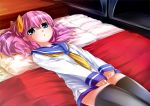  1girl bed blue_eyes blush bow dress dress_tug hair_bow long_hair lying manaita_petako moegi_nenene on_back on_bed original pillow pink_hair sailor_dress sleeves_past_wrists solo thighhighs triangle_mouth zettai_ryouiki 