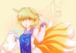  1girl animal_ears blonde_hair breasts dress fox_ears fox_tail furim hat hat_removed headwear_removed holding holding_ears holding_hat long_sleeves looking_at_viewer multiple_tails ofuda open_mouth short_hair simple_background slit_pupils solo speech_bubble tabard tail tan_background touhou yakumo_ran yellow_eyes 