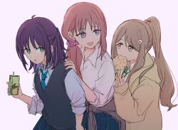  3girls ahoge ayatsumugi_roka ayatsumugi_roka_(tsukuyomi) blue_hair blue_nails blue_necktie bread brown_hair brown_jacket cardigan cardigan_around_waist cho_kaguya-hime! clothes_around_waist commentary drink_carton eating food green_eyes grey_sweater_vest gyaru hair_ornament hair_scrunchie hand_on_another's_shoulder holding holding_drink_carton ini_yoy isayama_mami isayama_mami_(tsukuyomi) jacket logo medium_hair melon_bread multiple_girls nail_polish necktie open_mouth pink_hair pink_scrunchie ponytail purple_hair sakayori_iroha sakayori_iroha_(tsukuyomi) scrunchie shirt simple_background sweater_vest white_background white_shirt yellow_nails 