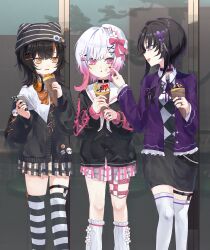  3girls animal_hat beret black_cardigan black_hair black_shirt black_skirt bow bowtie butterfly_hair_ornament cardigan cat_hat checkered_clothes checkered_shirt choker collared_shirt commentary_request cross-laced_clothes cross-laced_sleeves flower food food_request gradient_hair hair_flower hair_ornament hat hat_flower hat_ribbon highres holding holding_food housho_margo imawa_0727 jewelry leather long_sleeves loose_socks mahou_shoujo_no_majo_saiban multicolored_hair multiple_girls o-ring o-ring_choker o-ring_thigh_strap official_alternate_costume orange_bow orange_bowtie orange_eyes orange_nails orange_streaks pencil_skirt pink_eyes pink_hair pink_skirt plaid_clothes plaid_skirt purple_choker purple_nails purple_suit ribbon ring sakuraba_ema sawatari_coco shirt short_hair single_off_shoulder skirt socks streaked_hair striped_clothes striped_thighhighs suit thigh-highs thigh_strap violet_eyes white_flower white_hair white_hat white_shirt white_socks white_thighhighs x_hair_ornament yuri zettai_ryouiki 