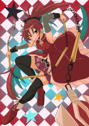 1girl argyle_background armpits bare_shoulders black_bow black_thighhighs boots bow breasts chain checkered_background commentary_request detached_sleeves dress food food_in_mouth full_body grin hair_bow holding holding_polearm holding_weapon long_hair looking_at_viewer magical_girl mahou_shoujo_madoka_magica mahou_shoujo_madoka_magica_(anime) medium_breasts pocky pocky_in_mouth polearm ponytail red_dress red_eyes red_hair sakura_kyoko sakura_kyoko_(magical_girl) skirt sleeveless smile solo soul_gem_(madoka_magica) spear star_(symbol) thighhighs urei-hibino v-shaped_eyebrows weapon zettai_ryouiki