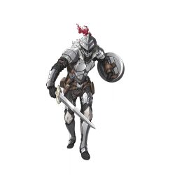 1boy armor armored_boots armored_legwear artist_request belt belt_bag black_boots black_gloves black_pants boots breastplate broken_horns brown_belt buckler dagger facing_viewer full_armor full_body fur_trim game_asset gloves goblin_slayer goblin_slayer! goblin_slayer:_the_endless_revenge grey_armor grey_helmet grey_pants helm helmet highres holding holding_shield holding_sword holding_weapon knife male_focus multiple_belts official_art pants plume sheath sheathed shield shoulder_armor simple_background solo standing sword third-party_source transparent_background unsheathed vambraces visor_(armor) walking weapon 