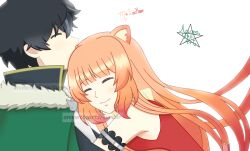  1boy 1girl ^_^ animal_ear_fluff animal_ears artist_name black_hair black_shirt blunt_bangs cloak closed_eyes closed_mouth commentary dress english_commentary frilled_arm_cuffs from_side fur_trim green_cloak hair_between_eyes hair_tubes hetero hug iwatani_naofumi layered_dress long_sleeves malockser messy_hair metal_arm_cuffs metal_hair_tubes raccoon_ears raccoon_girl raphtalia red_dress shirt short_hair signature simple_background sleeveless sleeveless_dress smile tanuki tate_no_yuusha_no_nariagari upper_body watermark white_background white_dress white_fur yellow_trim 