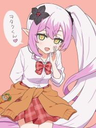  1girl alternate_costume blush breasts commentary_request flower fujiyama_(yellow) hair_between_eyes hair_flower hair_ornament highres long_hair open_mouth pink_hair pointy_ears princess_connect! school_uniform side_ponytail simple_background small_breasts solo tia_(princess_connect!) translation_request 