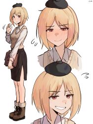  1girl absurdres bag black_hat black_skirt blonde_hair blush boots breasts casual full_body gamryous girls_frontline grin hand_up hat highres holding holding_bag long_sleeves looking_at_viewer medium_breasts medium_hair medium_skirt mp40_(girls'_frontline) multiple_views nervous_smile orange_eyes shirt skirt smile upper_body vest waving wavy_mouth white_shirt 