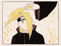  2boys akatsuki_uniform asymmetrical_bangs black_border black_nails blue_eyes blush border commentary_request deidara_(naruto) flower forehead_protector hair_over_one_eye high_ponytail holding holding_flower jewelry male_focus medium_hair multiple_boys naruto_(series) naruto_shippuuden ponytail ring robe sasori_(naruto) situ17 smile yellow_flower 