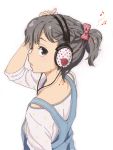  1girl bow casual drawr grey_eyes grey_hair hair_bow hand_on_own_head headphones looking_back mattaku_mousuke musical_note original overalls parted_lips pentagram polka_dot polka_dot_bow ponytail profile solo 