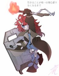  1girl absurdres ahoge animal_ears arknights arm_up bear_ears bear_girl black_shoes blue_overalls blue_socks brown_gloves brown_jacket chibi clenched_hand commentary_request dosei_no_kozika fingerless_gloves gloves hair_ornament highres holding holding_torch jacket open_clothes open_jacket overalls red_hair shield shirt shoes simple_background single_fingerless_glove socks solo torch translation_request v-shaped_eyebrows vetochki_(arknights) white_background white_shirt 