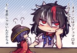  2girls back_bow black_hair blue_background blue_bow blue_bowtie blush bow bowl bowl_hat bowtie collared_shirt commentary_request diagonal-striped_background grey_streaks hat head_on_hand japanese_clothes kijin_seija kimono medium_hair multicolored_hair multiple_girls no_pupils one-hour_drawing_challenge puff_of_air purple_hair red_eyes red_kimono red_streaks shirt sideways_glance small_horns streaked_hair striped_background sukuna_shinmyoumaru sweatdrop table touhou translation_request unime_seaflower wavy_mouth white_shirt 