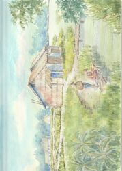  2others absurdres ambiguous_gender blue_sky building bush cambodia clouds commentary_request day dirt_road farm farmer farming field grass hat highres house multiple_others original outdoors painting_(medium) paruperu rice_hat road rural scenery sideways sky tall_grass traditional_media watercolor_(medium) wide_shot 