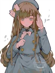  1girl animal beret blue_dress blue_eyes blue_jacket blush bow bowtie brown_hair bug butterfly butterfly_on_hand buttons collared_jacket commentary double-breasted dress gloves gold_pendant hair_bow hand_up hat highres holding holding_animal holding_bug jacket light_blush light_smile littlebluemuffin long_hair original smile thick_eyebrows untranslatable_commentary very_long_hair white_background white_bow white_bowtie white_butterfly white_gloves 