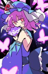  1girl adapted_costume blue_hat blue_kimono bug butterfly cherry_blossoms closed_mouth commentary_request detached_sleeves e.o. folding_fan hand_fan hat highres holding holding_fan japanese_clothes kimono long_sleeves looking_at_viewer mob_cap pink_butterfly pink_eyes pink_hair saigyouji_yuyuko smile solo touhou triangular_headpiece wide_sleeves 