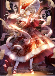  1girl blonde_hair bonnet chunithm closed_mouth commentary_request crown dress eldione_vermilia flower frilled_bonnet frills full_body goth_fashion gothic_lolita gun highres holding holding_gun holding_weapon komorihikki lolita_fashion looking_at_viewer mini_crown official_art red_bonnet red_dress red_shoes rose sega shoes socks solo standing twintails weapon white_flower white_rose white_socks yellow_eyes 