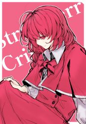  1girl absurdres black_sheep_(artist) bow bowtie braid braided_ponytail buttons capelet chinese_commentary collar commentary_request english_text facing_down from_side hand_on_own_knee highres knee_up okazaki_yumemi outline pink_background red_bow red_bowtie red_capelet red_eyes red_hair red_skirt red_vest shirt skirt smile solo touhou touhou_(pc-98) vest white_collar white_outline white_shirt white_trim 
