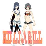  2girls adapted_costume atori barefoot_sandals bikini black_hair blue_eyes breasts cleavage copyright_name garter_belt garter_straps hair_ornament hairclip hand_on_hip highleg highleg_bikini highleg_swimsuit highlights junketsu kill_la_kill kiryuuin_satsuki matoi_ryuuko microskirt multiple_girls navel panties see-through senketsu skirt swimsuit thighhighs white_legwear 