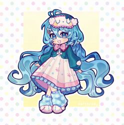  1girl blue_cardigan blue_eyes blue_hair blue_socks bone_hair_ornament bow bowtie cardigan chibi chibi_only commentary dafterdayart dress english_commentary frilled_dress frills full_body hair_between_eyes hair_ornament hairclip hatsune_miku highres long_hair long_sleeves looking_at_viewer loose_socks loungewear_outfit_miku low_twintails open_cardigan open_clothes open_mouth paw_print paw_print_pattern pink_bow pink_bowtie polka_dot polka_dot_background polka_dot_dress polka_dot_socks pom_pom_(clothes) sleep_mask slippers socks solo standing twintails very_long_hair vocaloid yume_kawaii 