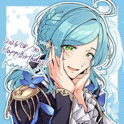  1boy :d ahoge alternate_hair_length_(longer) aqua_hair black_jacket blue_border blue_butterfly blue_outline blush border braid bright_me_up!!_(ensemble_stars!) bug butterfly character_name commentary_request dated ensemble_stars! epaulettes fish frilled_sleeves frills green_eyes hair_intakes hands_on_own_cheeks hands_on_own_face happy_birthday highres jacket kohina_es long_hair long_sleeves low_ponytail male_focus official_alternate_hairstyle open_mouth outline outside_border parted_bangs polka_dot_border ponytail shinkai_kanata sidelocks smile solo star_(symbol) twitter_username white_background white_outline zoom_layer 