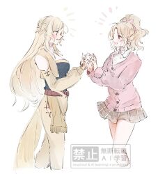  2girls bare_shoulders blonde_hair blue_shirt bow bowtie bracelet breasts cardigan celes_chere collared_shirt cropped_legs cropped_vest detached_sleeves diagonal-striped_bow diagonal-striped_bowtie diagonal-striped_clothes dissidia_duellum_final_fantasy dissidia_final_fantasy feet_out_of_frame ff14hioo_oo7 final_fantasy final_fantasy_vi grey_skirt hair_bow hair_ornament jewelry ladder_cutout large_breasts long_hair medium_breasts multiple_girls official_alternate_costume open_mouth pants parted_bangs pink_bow pink_cardigan pink_eyes plaid_clothes plaid_skirt ponytail school_uniform shirt skirt smile striped_bow striped_bowtie striped_clothes terra_branford terra_branford_(school_cardigan) vest wavy_hair white_background white_shirt yellow_pants yellow_sleeves yellow_vest 
