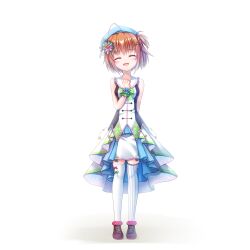  1girl absurdres ahoge ankle_scrunchie asymmetrical_legwear bare_shoulders beret blue_dress blue_hat blue_skirt blue_wrist_cuffs blush bow bow_legwear breasts buttons chest_bow closed_eyes commentary dot_nose double-breasted dress facing_viewer frilled_sailor_collar frills full_body getsuyoshi green_bow green_wrist_cuffs hair_ornament hairclip hand_on_own_chest happy hat head_tilt highres idol idol_clothes kirare_idol_uniform layered_skirt mismatched_legwear one_side_up open_mouth pink_scrunchie pinstripe_pattern pinstripe_skirt pinstripe_thighhighs polka_dot polka_dot_scrunchie purple_shoes re:stage! red_bow sailor_collar scrunchie shikimiya_mana shoes simple_background skirt sleeveless sleeveless_dress small_breasts smile solo standing star_(symbol) striped_bow striped_clothes striped_skirt striped_thighhighs thigh-highs two-tone_dress two-tone_wrist_cuffs vertical-striped_clothes vertical-striped_skirt vertical-striped_thighhighs white_background white_dress white_skirt white_thighhighs wrist_cuffs zettai_ryouiki 