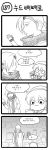  4koma animal_ears box coat comic gift gift_box green_dew greyscale hat highres korean league_of_legends long_hair lulu_(league_of_legends) monochrome ponytail scarf shaded_face stuffed_animal stuffed_toy surprised teddy_bear translation_request varus yordle 
